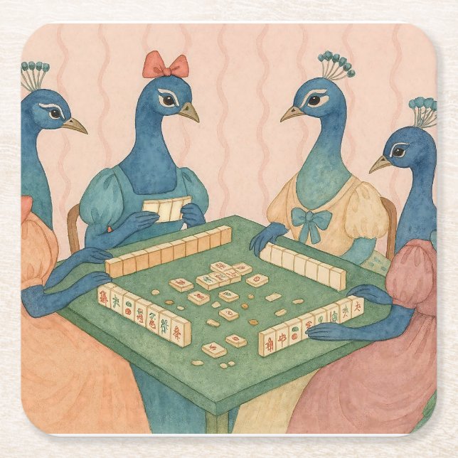 Vintage Peacocks Playing Mahjong Square Paper Coaster (Front)