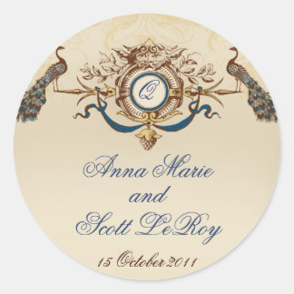 Vintage Peacocks Wedding Favour Stickers Round