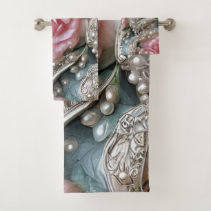 Vintage Pearls and Pink Roses Pattern Bath Towel Set