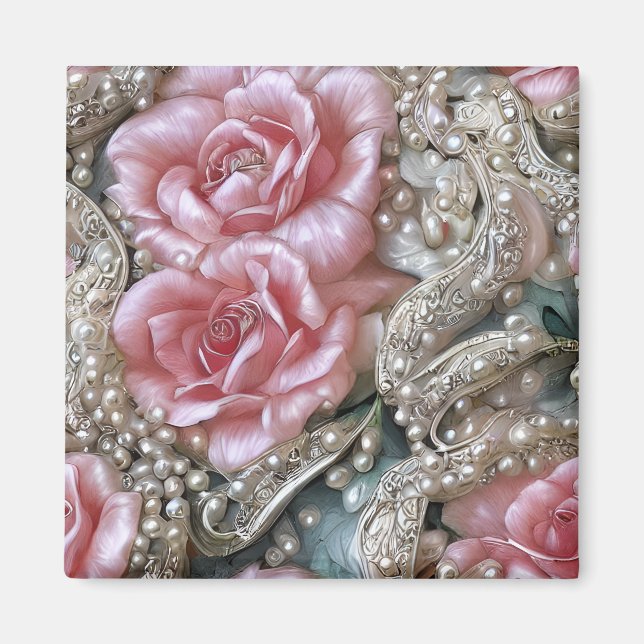 Vintage Pearls and Pink Roses Pattern  Magnet (Front)