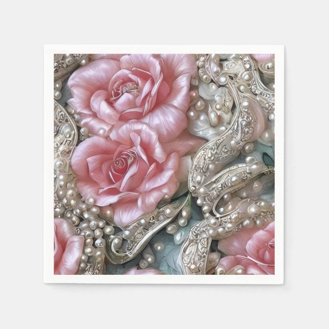 Vintage Pearls and Pink Roses Pattern  Napkin (Front)