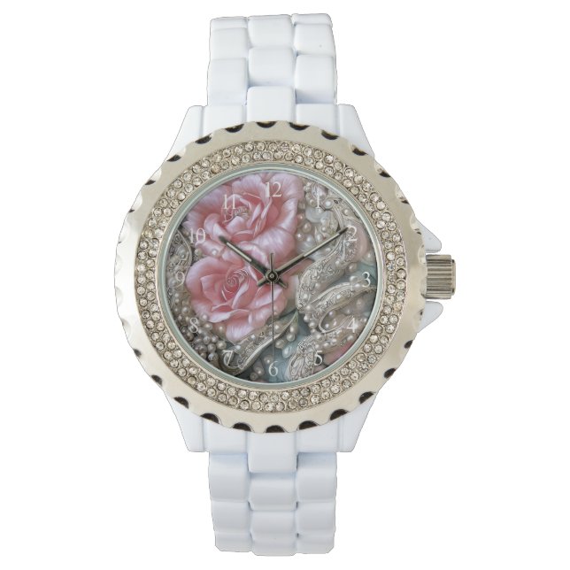 Vintage Pearls and Pink Roses Pattern  Watch (Front)