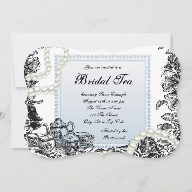 Vintage Pearls Blue Bridal Tea Invitation (Front)