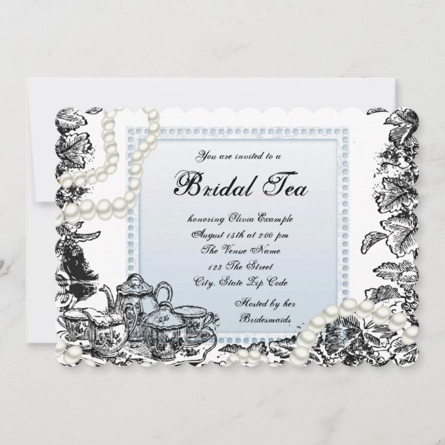 Vintage Pearls Blue Bridal Tea Invitation (Front)