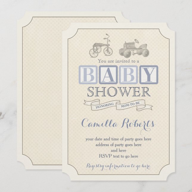 Vintage Pedal Car Shower Invitations, Blue & Taupe Invitation (Front/Back)