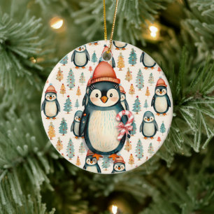 Vintage Penguin with Candy Canes Christmas Ceramic Tree Decoration
