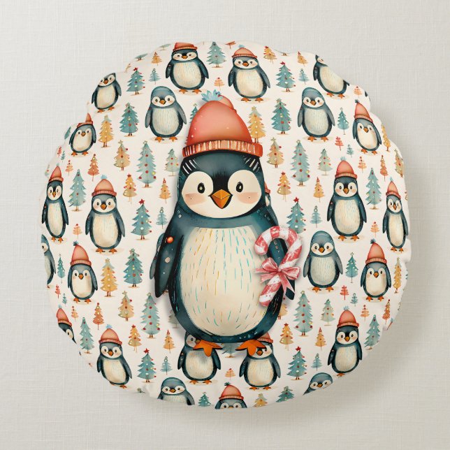  Vintage Penguin with Candy Canes Christmas Round Cushion (Front)