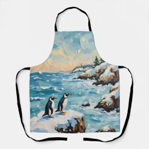 Vintage Penguins on Snowy Coastal Christmas Cliff Apron
