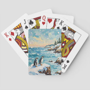 Vintage Penguins on Snowy Coastal Christmas Cliff Playing Cards