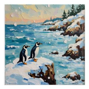 Vintage Penguins on Snowy Coastal Christmas Cliff Poster