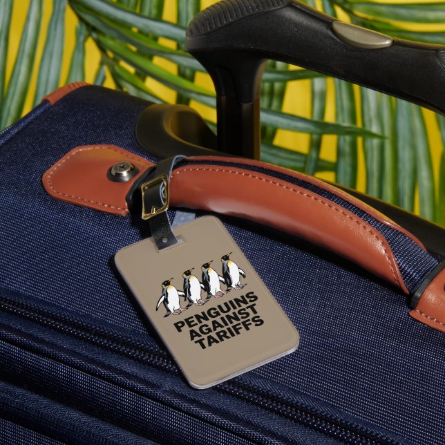 Vintage Penguins Protest Against Tariffs Funny  Luggage Tag (Front Insitu 1)
