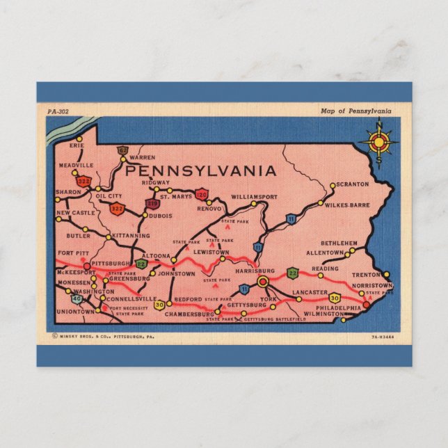 Vintage Pennsylvania Map  Postcard (Front)