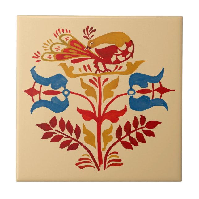 Vintage Pennsylvanian Folk Art Bird on Flower Tile (Front)