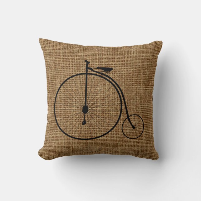 Vintage Penny-Farthing Bicycle On Faux Burlap Cushion (Front)