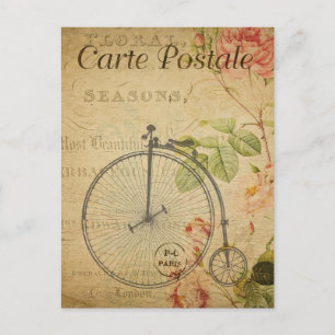Vintage Penny Farthing Bicycle Pink Roses French Postcard