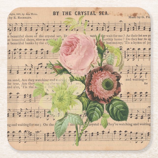 Vintage Peonies and Sheet Music Square Paper Coaster (Front)