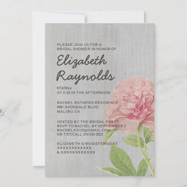 Vintage Peonies Bridal Shower Invitations (Front)