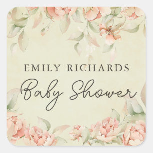 Vintage peonies floral Baby in Bloom Baby Shower Square Sticker