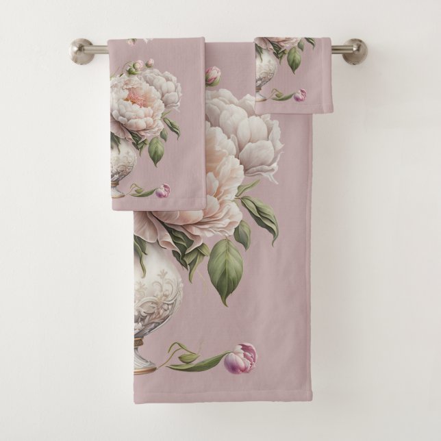 Vintage Peonies in Elegant Vase Bath Towel Set (Insitu)