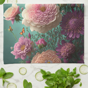 Vintage peonies in pink and burgundy, custom  tea towel