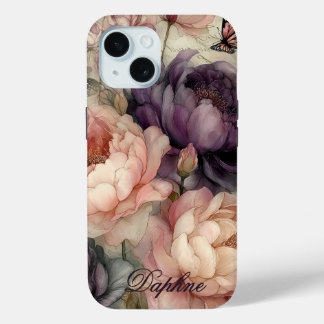 Vintage Peonies in Pink and Purple Personalised  iPhone 15 Case