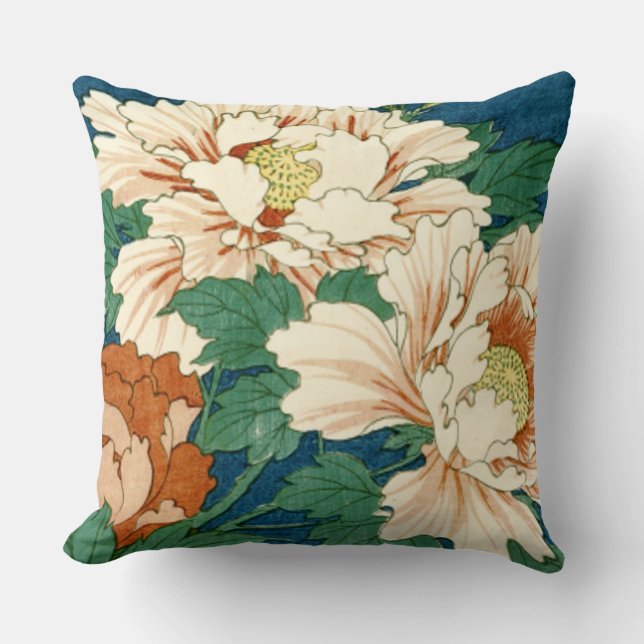 Vintage Peonies on Blue Cushion (Front)