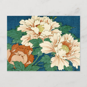 Vintage Peonies on Blue Postcard