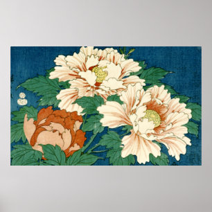 Vintage Peonies on Blue Poster