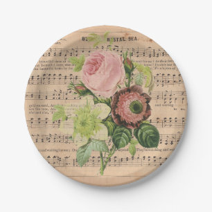 Vintage Peonies on Sheet Music Paper Plate
