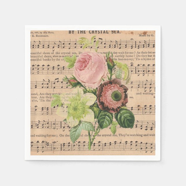 Vintage Peonies & Sheet Music Napkin (Front)