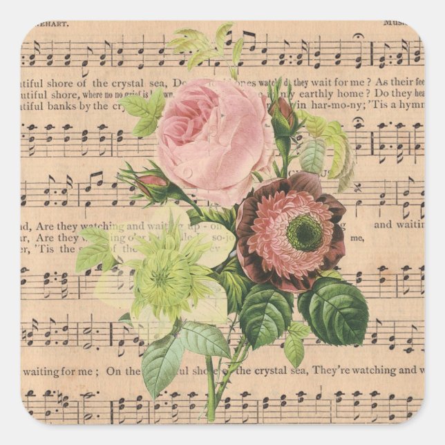Vintage Peonies & Sheet Music Square Sticker (Front)
