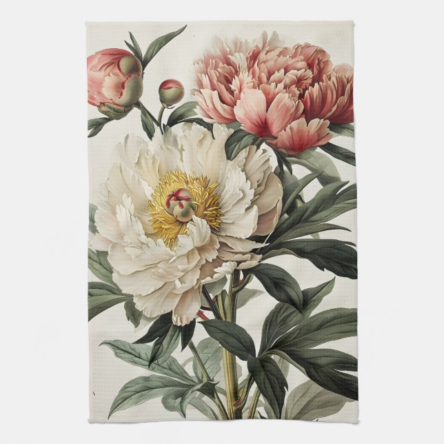 Vintage Peonies  Tea Towel (Vertical)