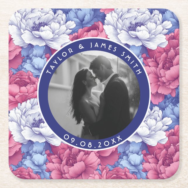 Vintage Peonies Themed Fall Wedding Square Paper Coaster (Front)