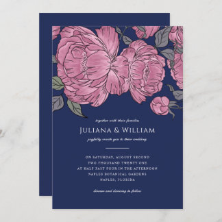 Vintage Peonies Wedding Invitation in Blue