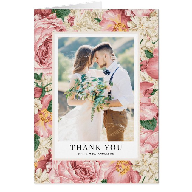 Vintage Peonies Wedding Photo Thank You Card (Front)