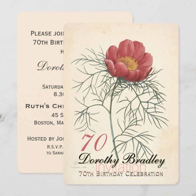 Vintage Peony 70th Birthday Celebration Invitation (Front/Back)
