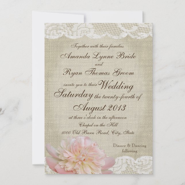 Vintage Peony and Lace Wedding Invitation (Front)