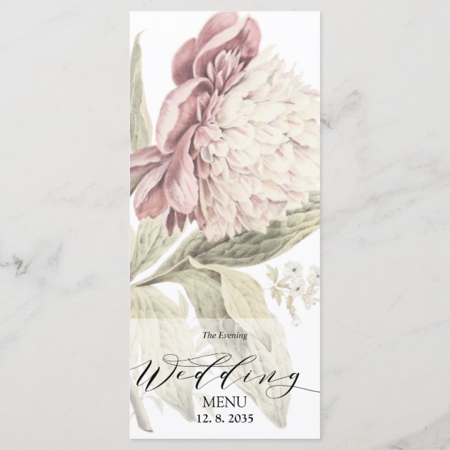 Vintage Peony Botanical Fine Art Evening Menu (Back)