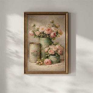 Vintage Peony Bouquet in Antique Tins Poster