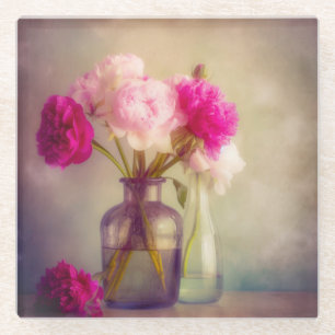 Vintage Peony Bouquet in Glass Vases Coaster