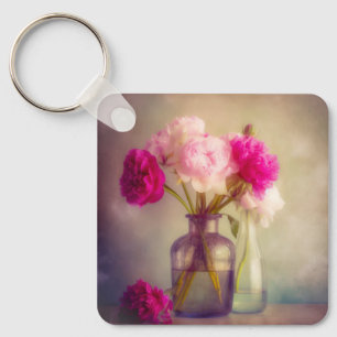 Vintage Peony Bouquet in Glass Vases Key Ring