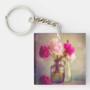 Vintage Peony Bouquet in Glass Vases Key Ring