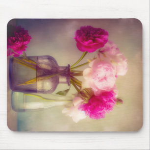 Vintage Peony Bouquet in Glass Vases Mouse Mat