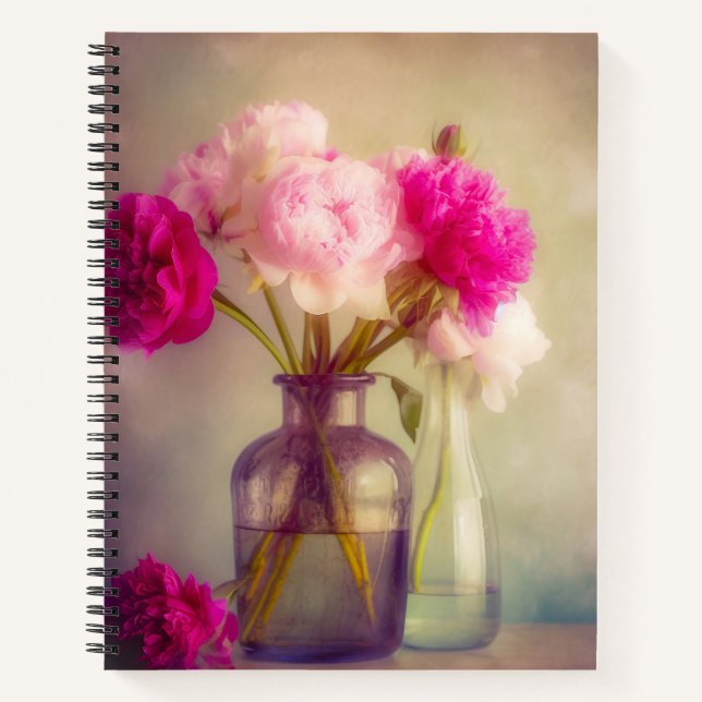 Vintage Peony Bouquet in Glass Vases Notebook (Front)