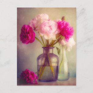 Vintage Peony Bouquet in Glass Vases Postcard