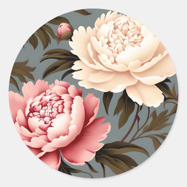 Vintage Peony Elegant Pattern Classic Round Sticker (Front)