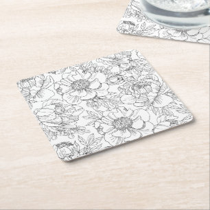 Vintage Peony Floral Pattern Square Paper Coaster