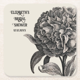Vintage Peony Flower Elegant Floral Botanical Square Paper Coaster