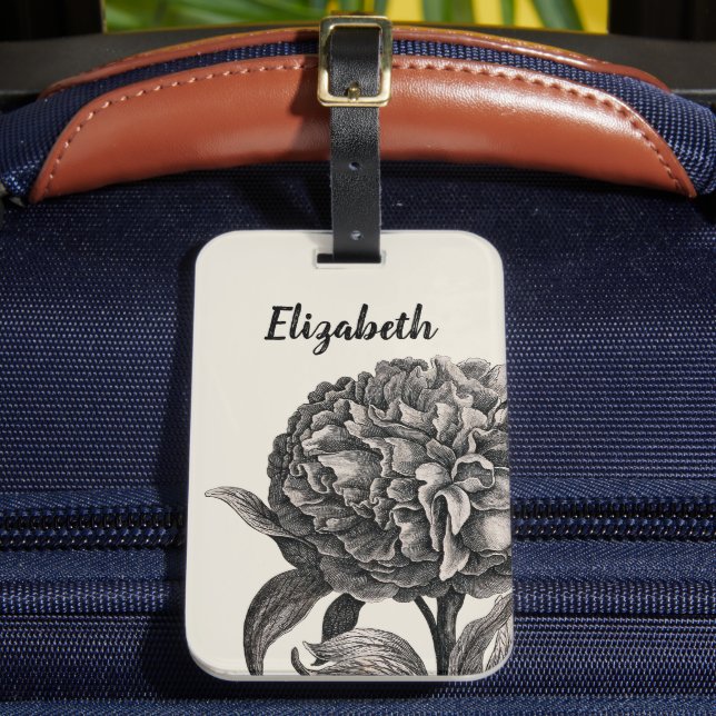 Vintage Peony Flower Elegant Monochrome Botanical Luggage Tag (Front Insitu 2)