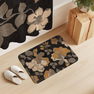 Vintage Peony Flowers Ivory Taupe Amber Black Bath Mat